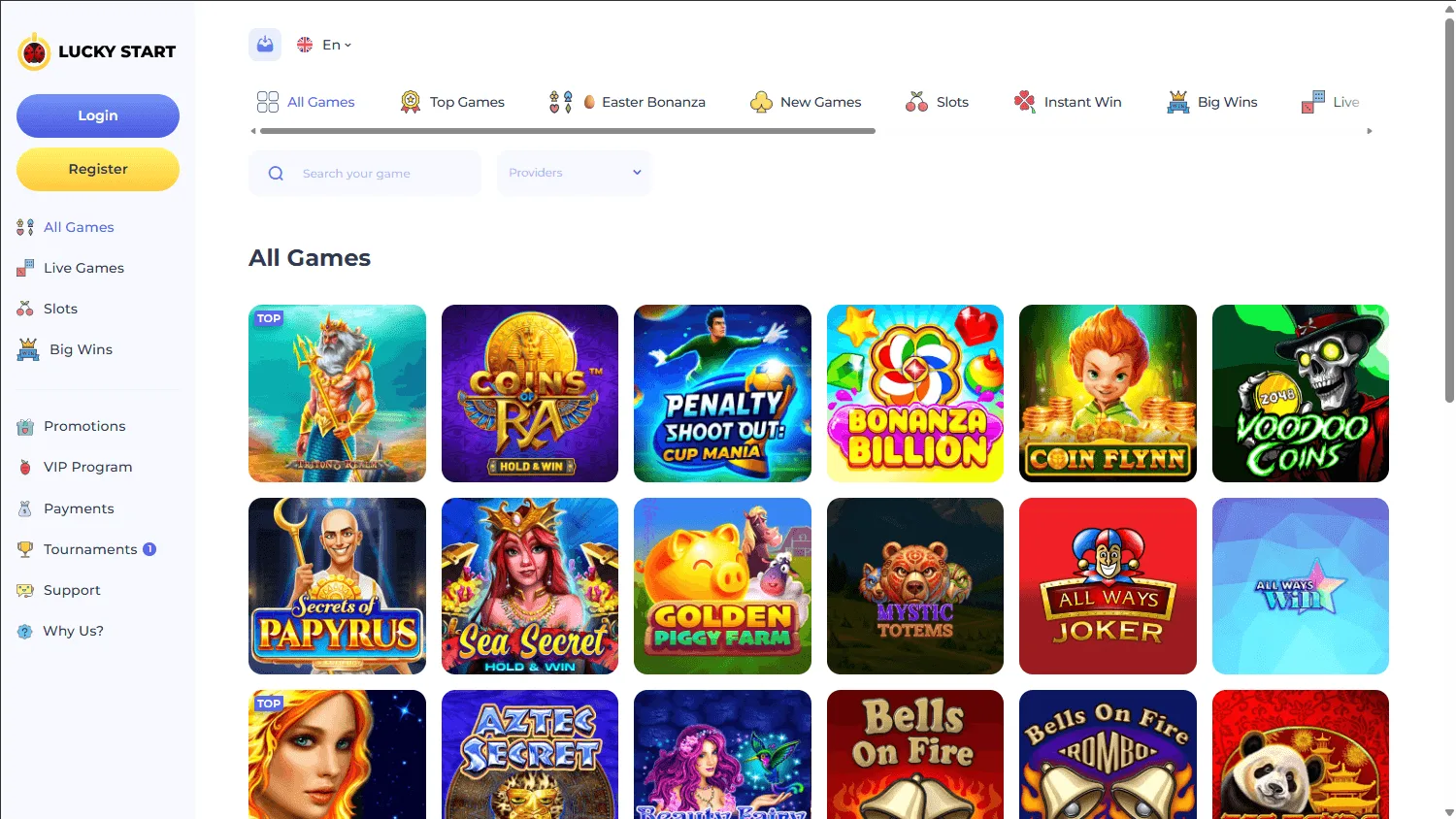 Luckystart Casino desktop games area with casino categories