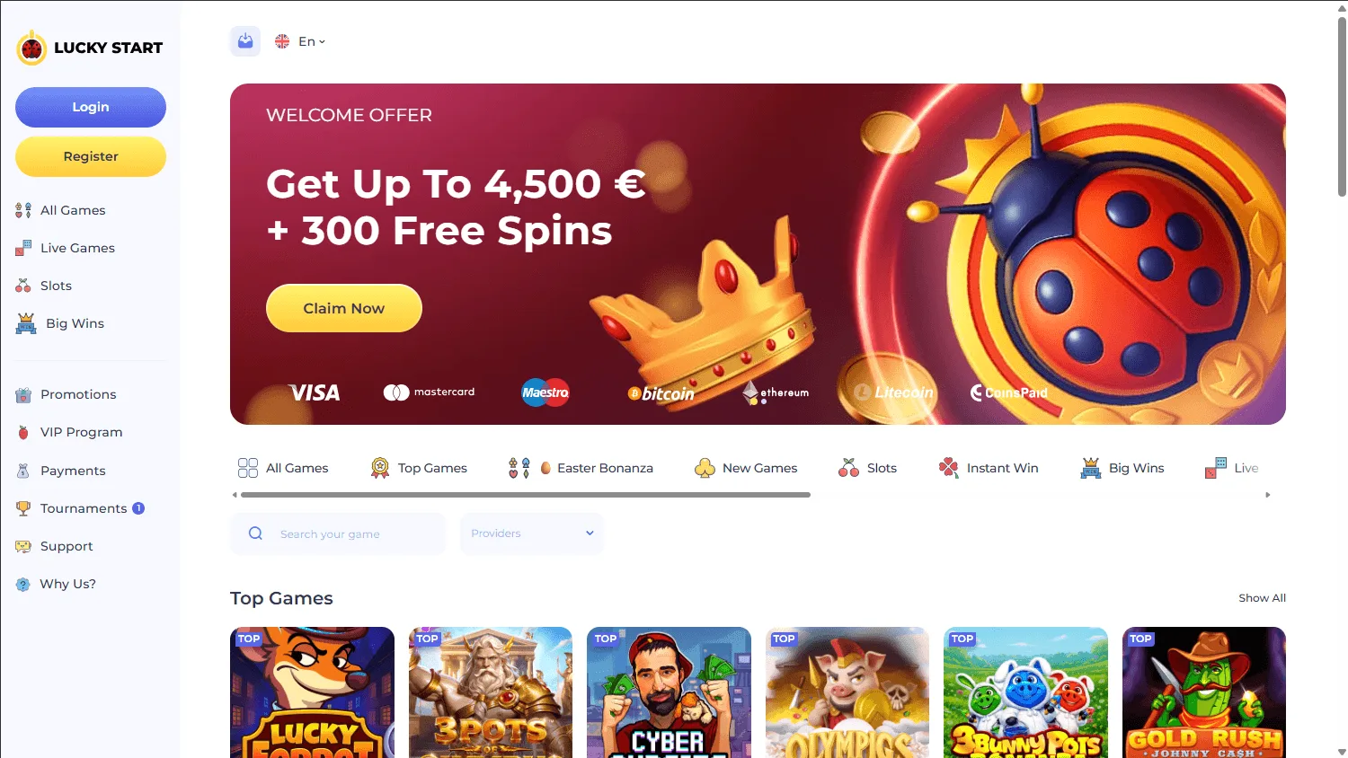 Luckystart Casino desktop home view with the Australian welcome package