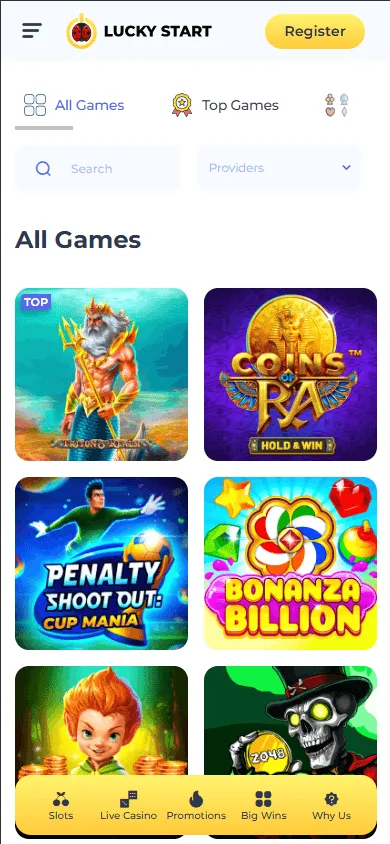 Luckystart Casino games area in a mobile browser