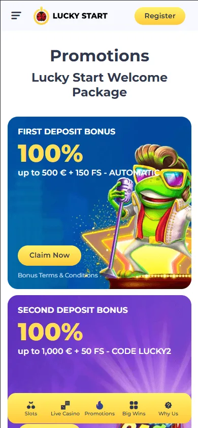 Luckystart Casino promotions area in a mobile browser