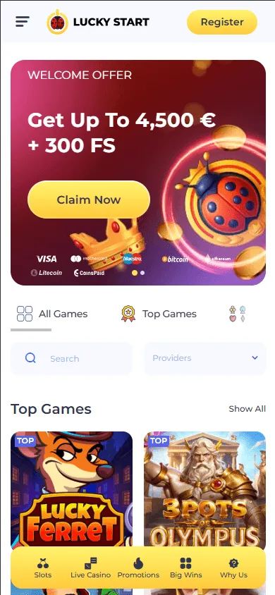 Luckystart Casino home view in a mobile browser