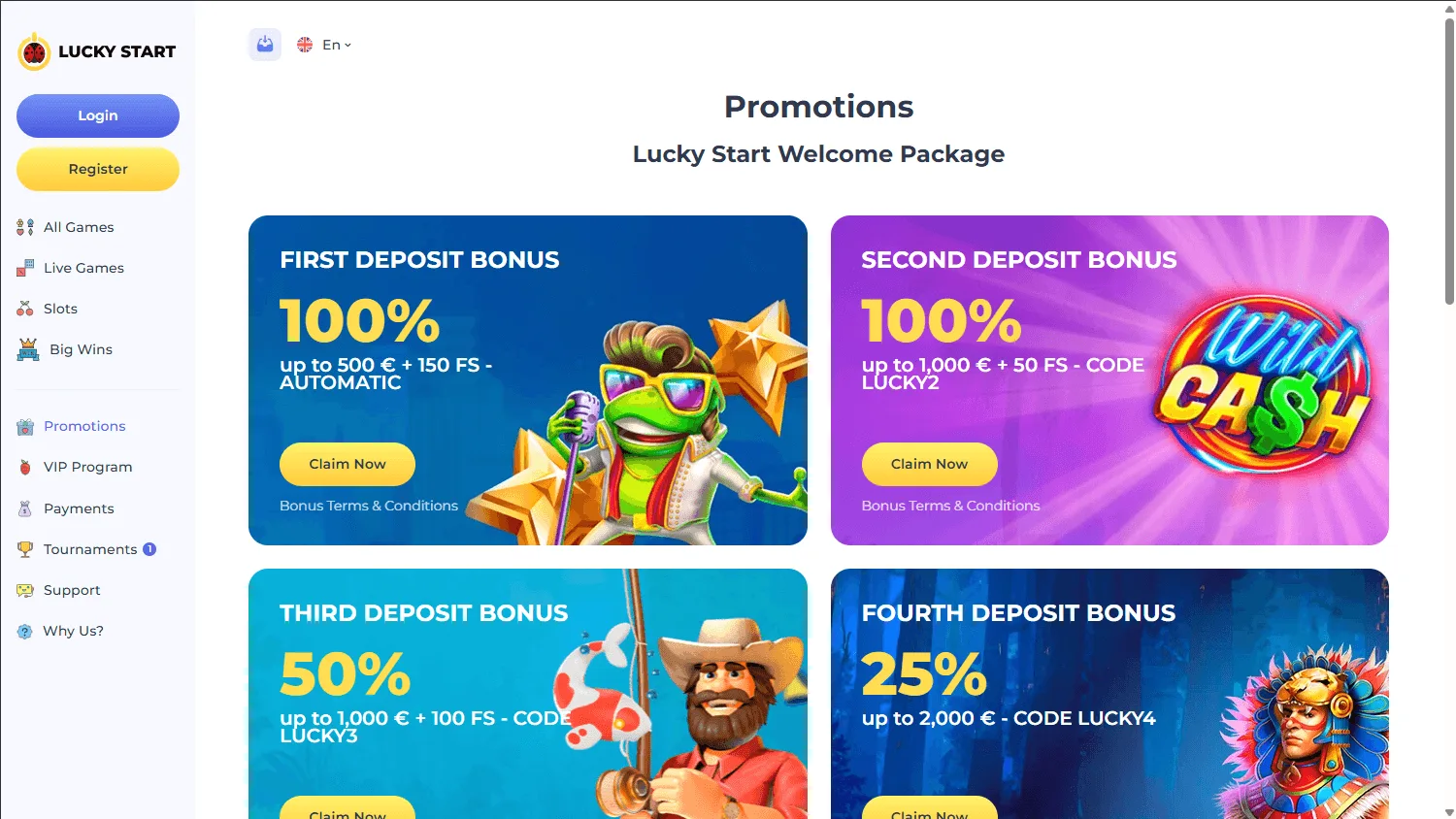 Luckystart Casino desktop promotions area with welcome and loyalty offers